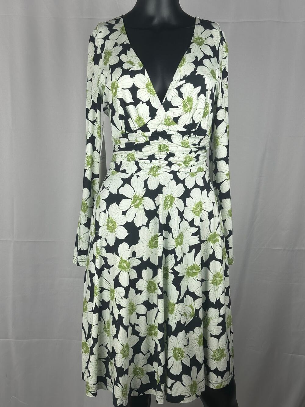 VACASUN Long Sleeve Floral Midi Dress Black/White/Green M NWT